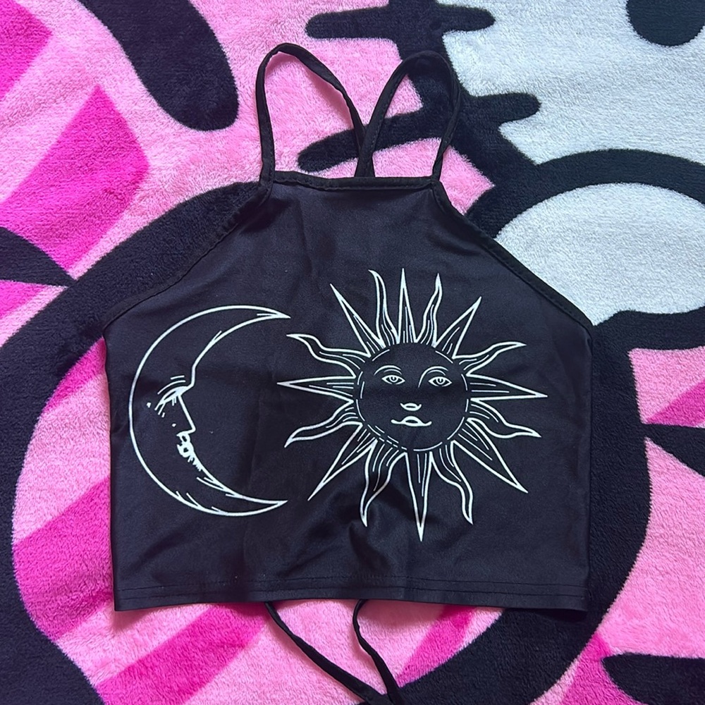 Black Tie Up Halter Moon And Sun Print Top